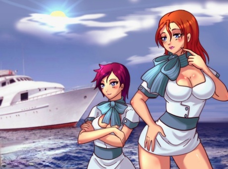 Animated horny redheads share a guy's stiff boner on a big yacht