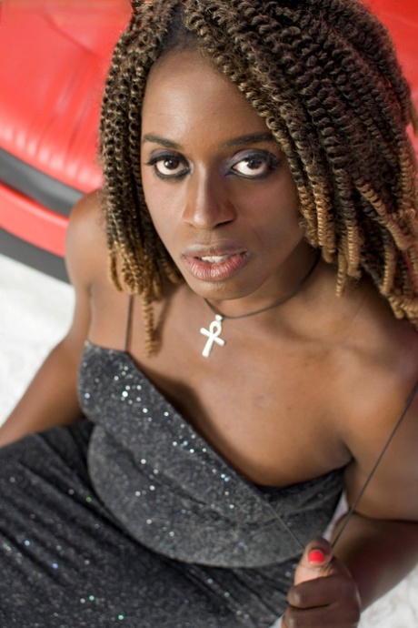 Chubby ebony shemale Ana Andrews masturbating with a Fleshlight